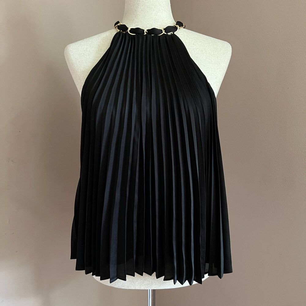Alice + Olivia Alycia Black Pleated Chain Neck Halter Top Gold Chain Fits Like S - Picture 1 of 11